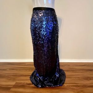 Carmen Marc Valvo Navy Blue Sequin fishtail skirt